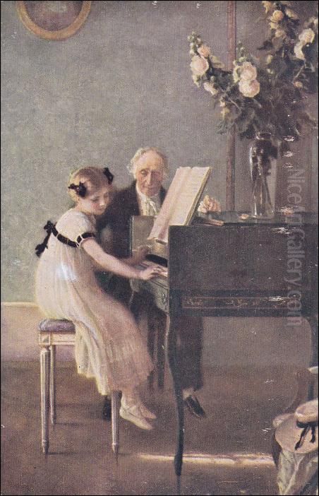 La Lecon de clavecin Oil Painting by Jules-Alexis Muenier