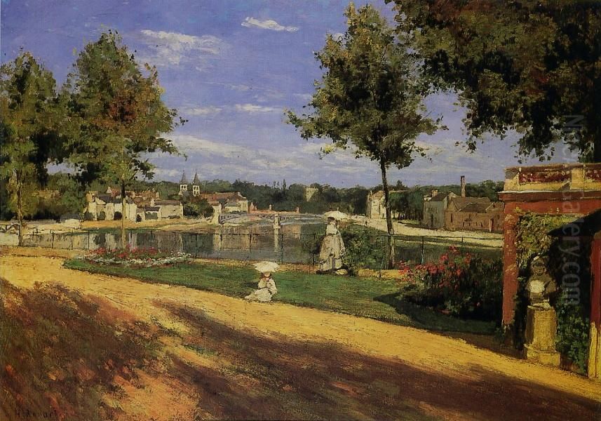 La terrasse au bord de la Seine a Melun. Au fond La Maison centrale de Melun sur l'ile Saint-Etienne. On apercoit quelques usines de Vaux-le-Penil sur la rive droite de la Seine et au fond on peut entrevoir le chateau de Vaux-le-Penil entre les arbres. Oil Painting by Henri Rouart