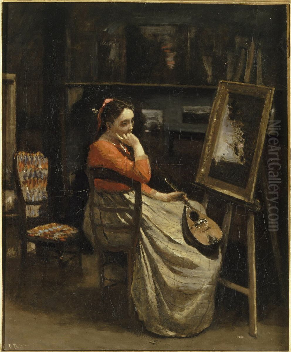 Young Woman with a Mandolin Oil Painting by Jean-Baptiste Camille Corot