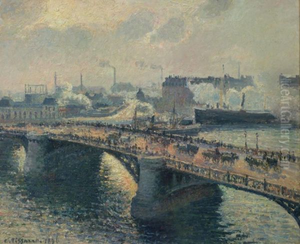 Le Pont Boieldieu a Rouen, soleil couchant, temps brumeux Oil Painting by Camille Pissarro