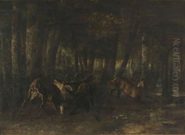Le Rut du printemps. Combat de cerfs Oil Painting by Gustave Courbet