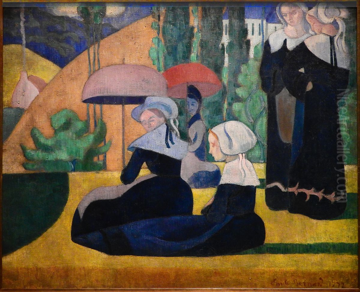 Breton Women with umbrellas Oil Painting by Emile Bernard