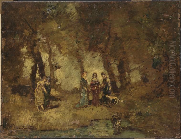 Promenade dans un parc Oil Painting by Adolphe Joseph Thomas Monticelli