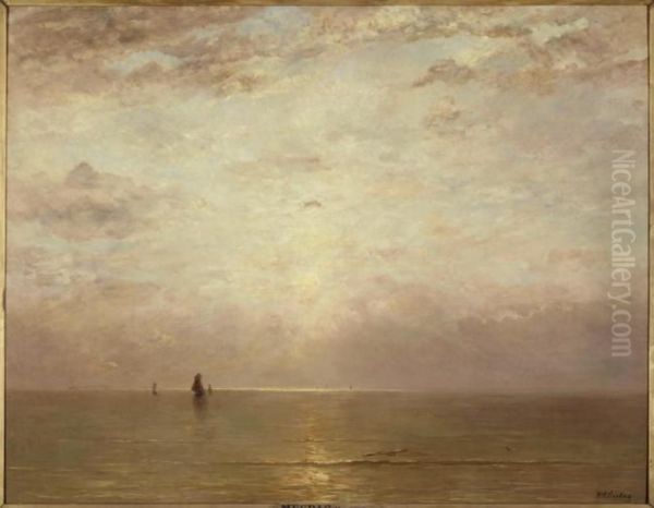 Boats at sea with setting sun Oil Painting by Hendrik Willem Mesdag