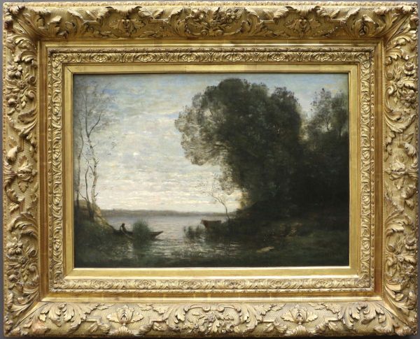 Une soiree. Batelier amarre Oil Painting by Jean-Baptiste Camille Corot