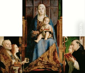 Maria mit Kind und den Hll. Nikolaus von Bari, Anastasia (?), Ursula, Dominikus und (vom Rahmen uberschnitten) Helena