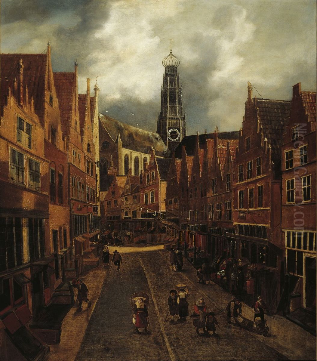 Haarlem in the Grote Houtstraat looking north towards the Grote Kerk Oil Painting by Nicolaes Hals