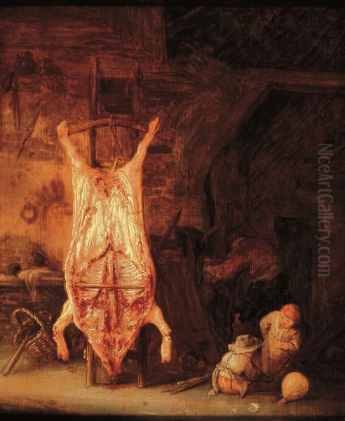 Geslacht varken in een stal; rechts twee spelende kinderen Oil Painting by Isaac Van Ostade