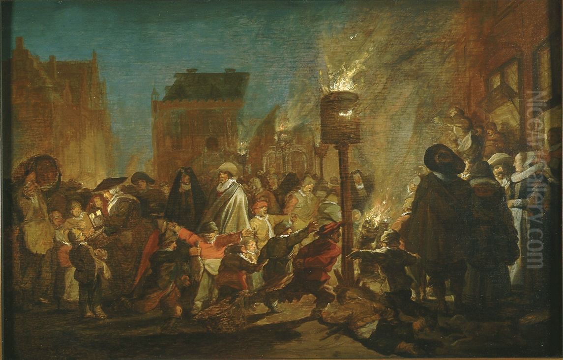 Avondfeest op de Grote Markt te Haarlem. Oil Painting by Pieter De Molijn