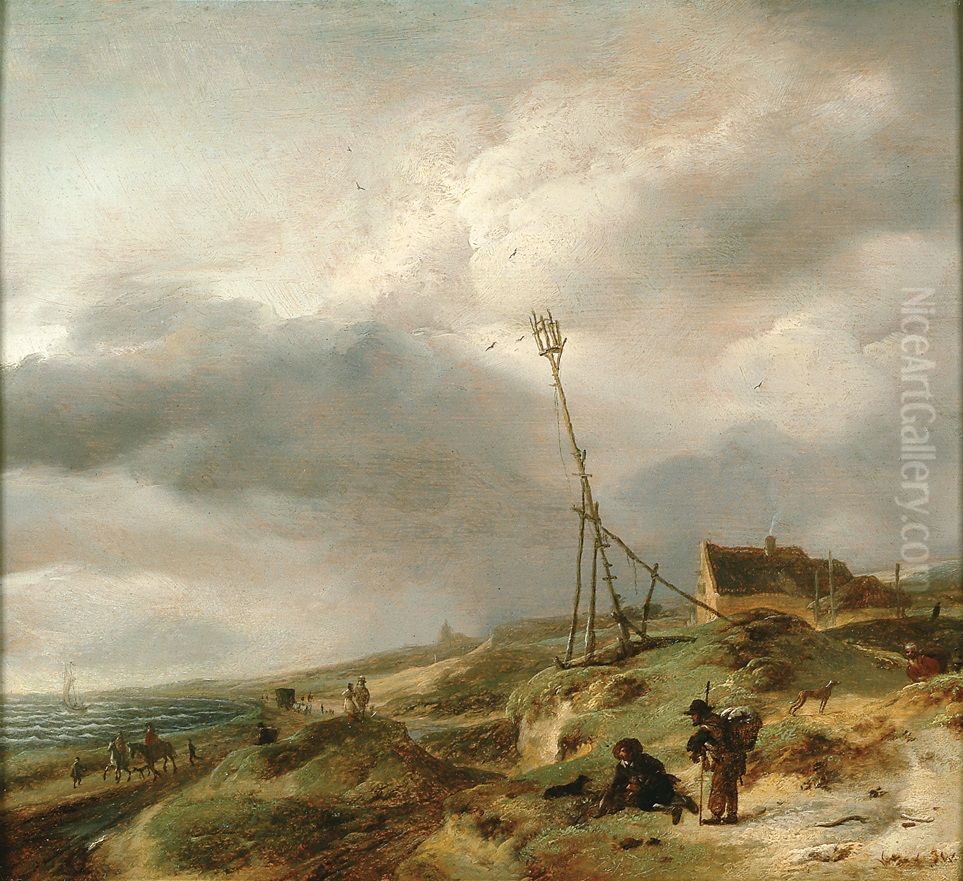 Gezicht op een strand vanaf de duinen Oil Painting by Jan Wouwerman