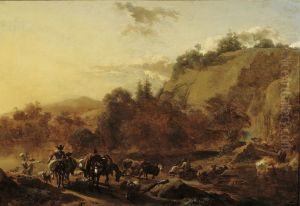 Berglandschap met herders en vee bij een doorwaadbare plaats