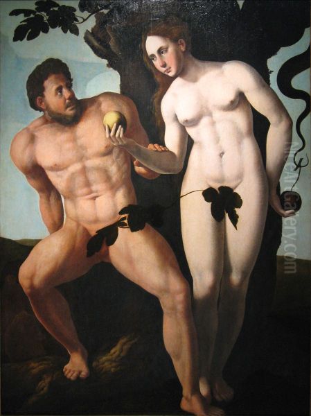 Eva offers the fruit to Adam  (Genesis 3:6) Oil Painting by Jan Van Scorel