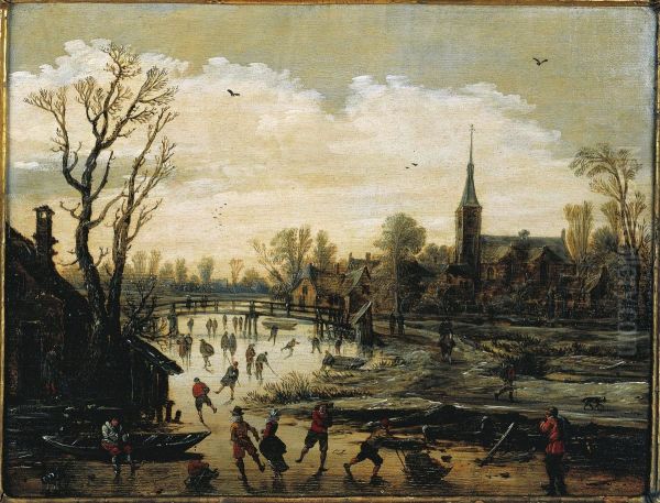 Iceskating near a Village Oil Painting by Jan van Goyen