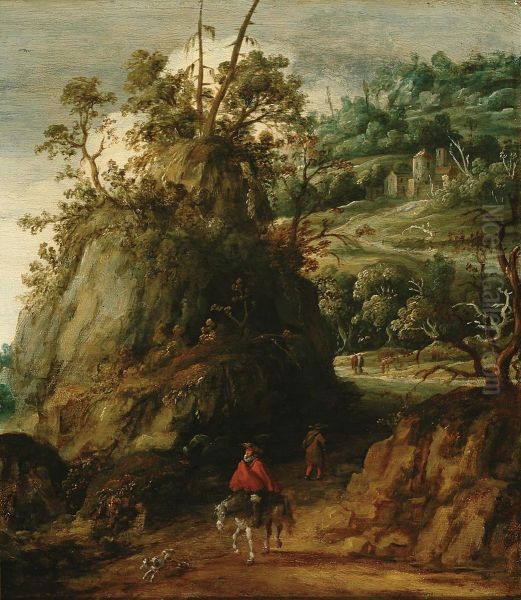 Rotslandschap met reizigers Oil Painting by Esaias Van De Velde