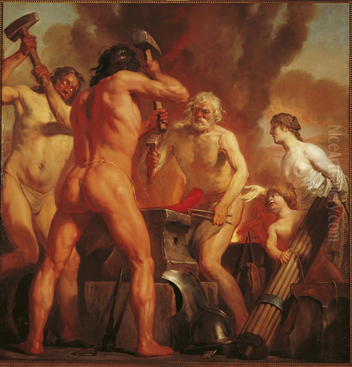 Venus and Cupid in Vulcan's smithy Oil Painting by Jan De Bray