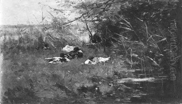 Eenden in het gras bij sloot Oil Painting by Geo Poggenbeek