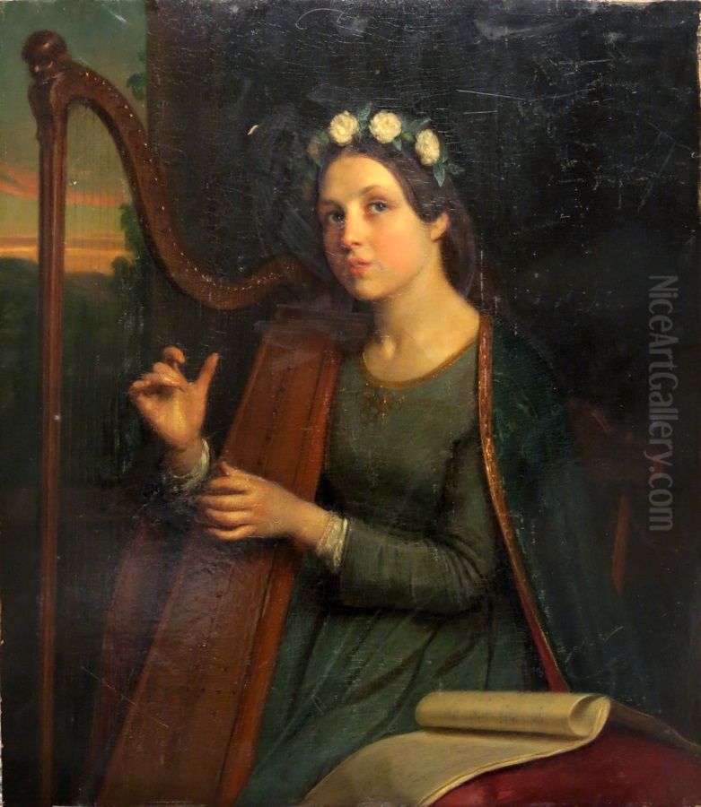 Harp Player Oil Painting by Charles Van Beveren