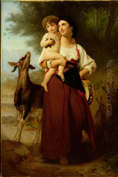 Young Mother in Campagna Costume with her Child and a Goat Oil Painting by William-Adolphe Bouguereau