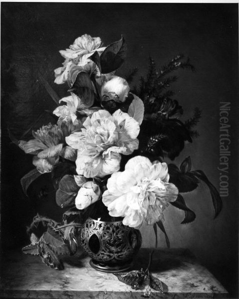 Een vaas met camelia's en andere bloemen Oil Painting by Simon Saint-Jean