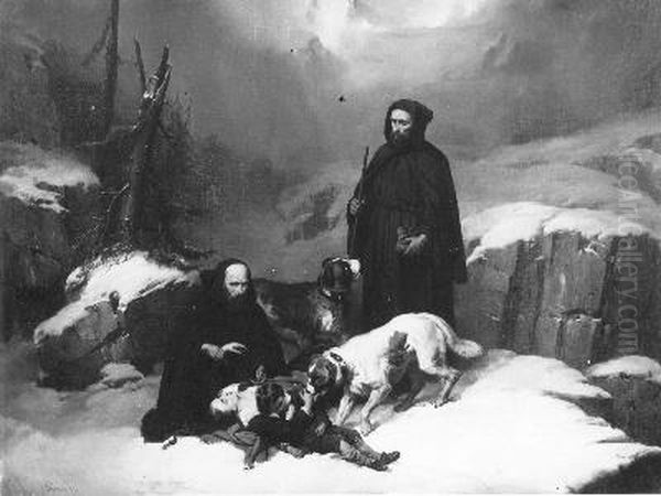 Sint-Bernards monniken bieden hulp aan een vrouw en kind die in de sneeuw zijn bevangen door de kou Oil Painting by Joseph Beaume