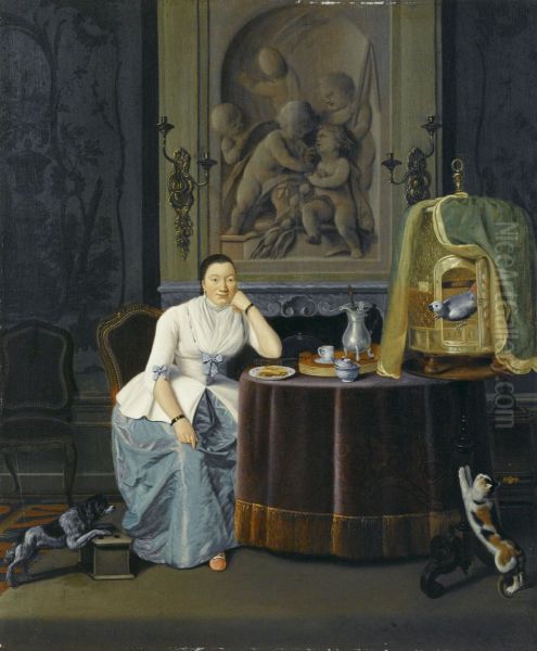 Interieur met een dame zittend aan een tafel Oil Painting by Hendrik Pothoven