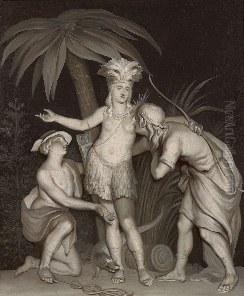 Mercurius, de god van de handel, en Phoebus, de zonnegod, door Amerika ontvangen-America welcomes Mercury and Apollo Oil Painting by Jurriaen Andriessen