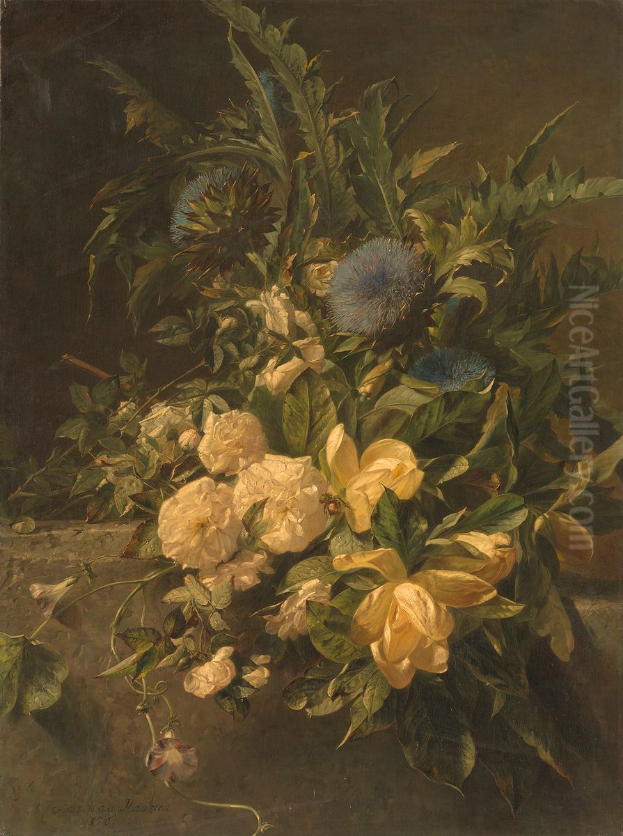 Artisjokken, rozen en magnolia's Oil Painting by Adriana Johanna Haanen