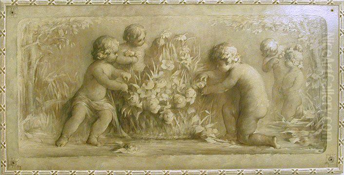 Putti playing with flowers near a pond Oil Painting by Hobbe Smith