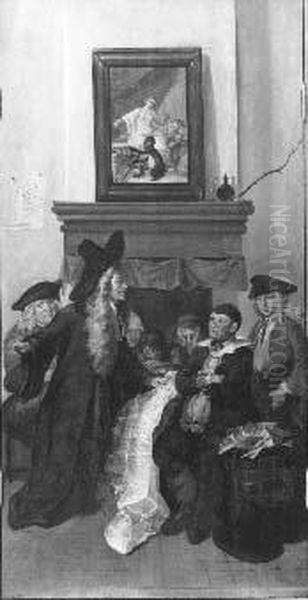 Triptiek voorstellende de boerenrechtbank uit het blijspel  Triptiek voorstellende de boerenrechtbank uit het blijspel