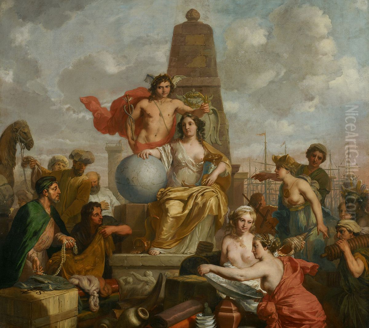 De Stedenmaagd van Amsterdam-De Stedenmaagd van Amsterdam, de hulde ontvangend van verschillende volken-Allegorie op de welvaart van Amsterdam-Allegory on the prosperity of Amsterdam Oil Painting by Gerard de Lairesse