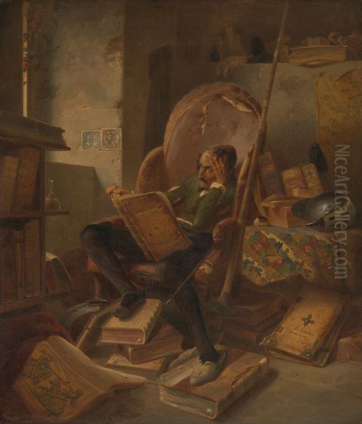 Don Quichot in zijn studeervertrek Oil Painting by Adolf Schrodter