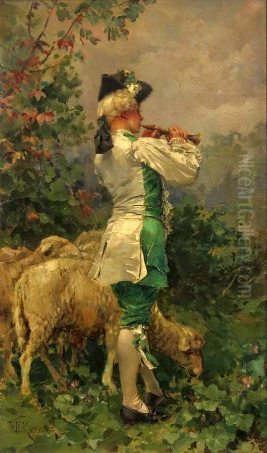 Fluitspeler met schapen Oil Painting by Frederik Hendrik Kaemmerer