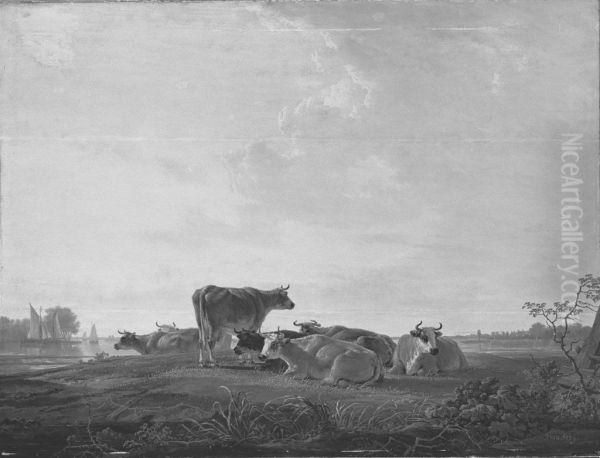 Rustend rundvee aan de oever Oil Painting by Jacob van Strij