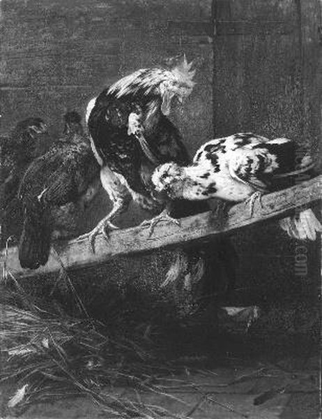 Een haan en enige kippen worden door een vos opgeschrikt Oil Painting by Charles Verlat