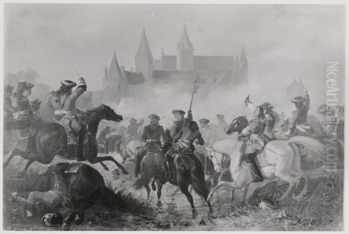 Anno 1672. Conde raakt bij de Franse overtocht van de Rijn gewond Oil Painting by Karel Frederik Bombled