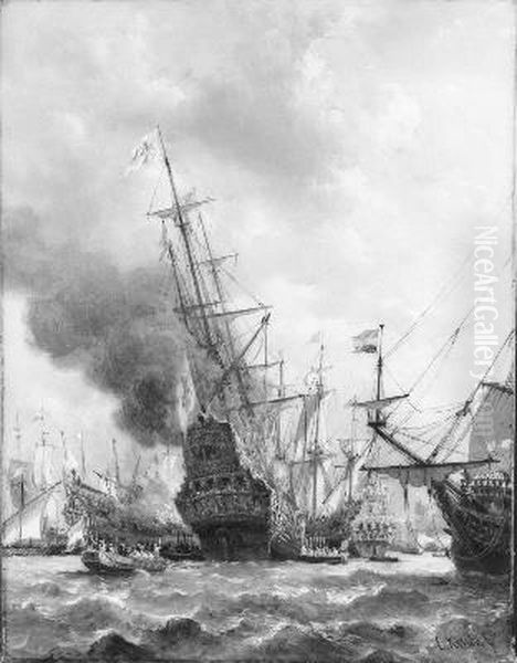 Anno 1702. De vernietiging van de Franse vloot in de baai van Vigo Oil Painting by Everhardus Koster
