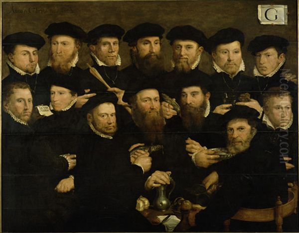 Schutters van Rot G-Fourteen militiamen from Squad G Oil Painting by Dirck Barendsz.