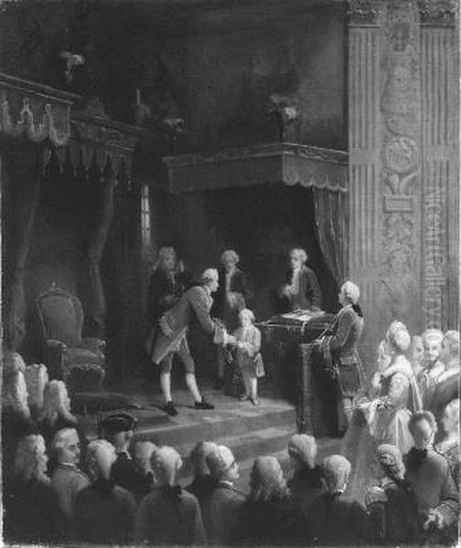 Anno 1752.  De verheffing van prins Willem V tot ridder in de orde van de Kousenband Oil Painting by Hendrik Jacobus Scholten