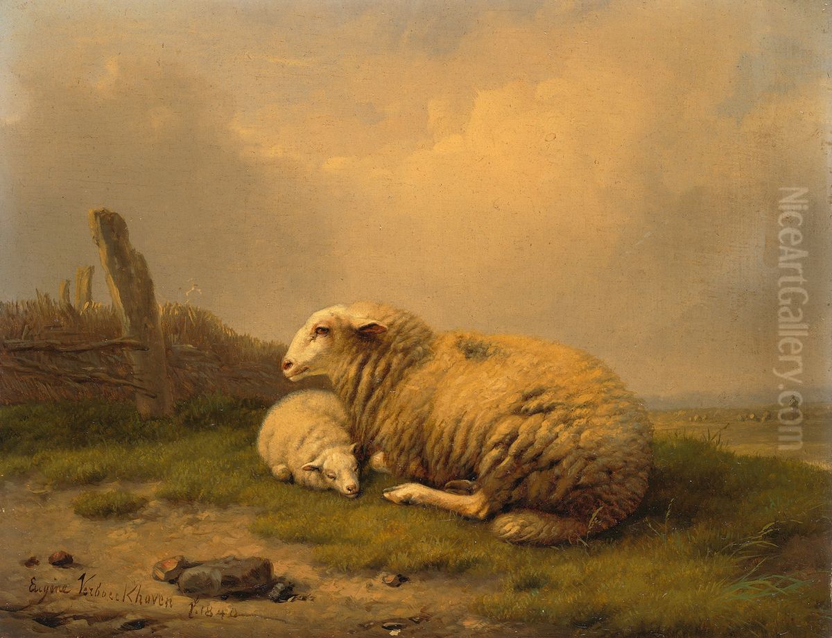 Een rustend schaap en een lam Oil Painting by Eugene Verboeckhoven