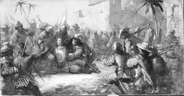Anno 1656. Gerard Hulft sneuvelt bij de verovering van Colombo Oil Painting by Johannes Hinderikus Egenberger