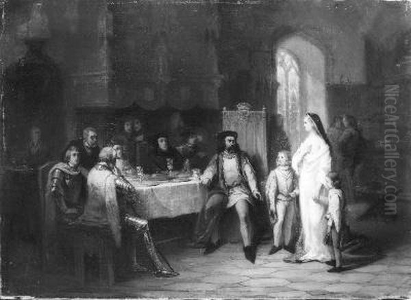 Anno 1343. Eleonora van Engeland voorspelt Reinoud van Gelre de rampen van zijn huis Oil Painting by Hendrik Jacobus Scholten