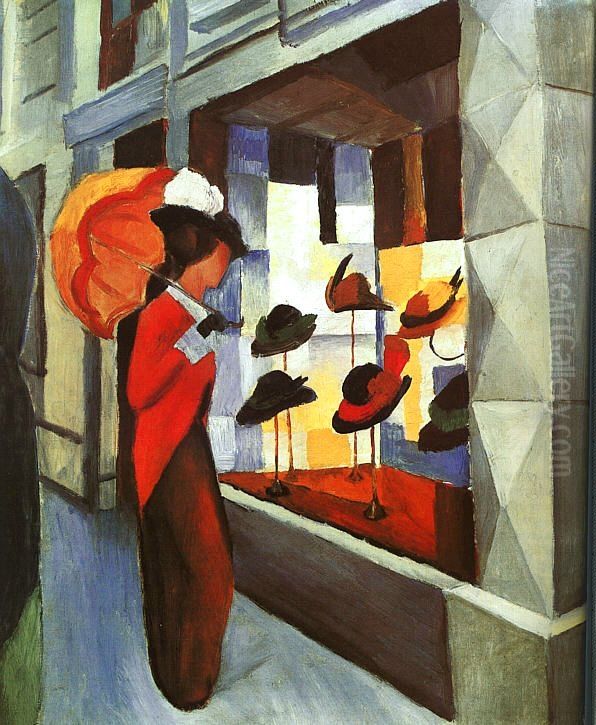 Woman with Parasol in front of Milliner's Shop Oil Painting by August Macke