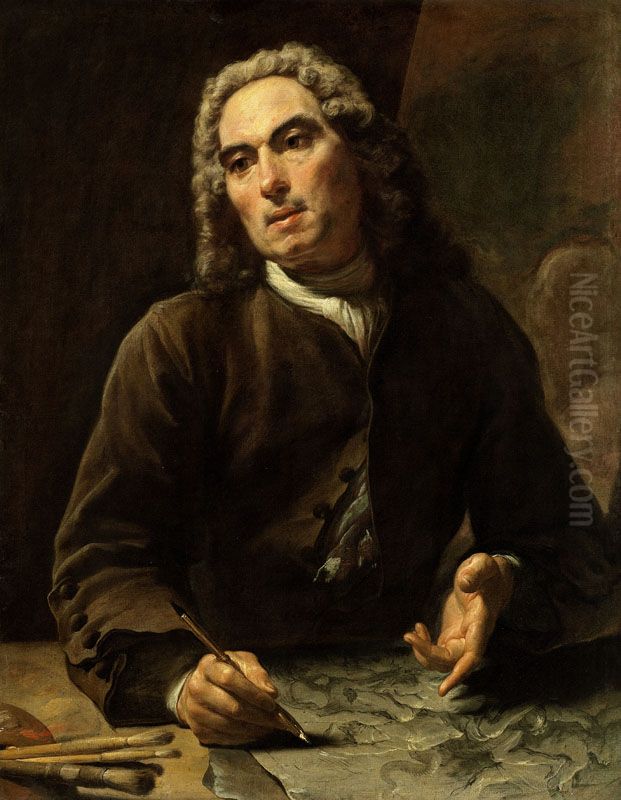 Autoportrait devant l'esquisse de la chute des anges rebelles Oil Painting by Antoine Rivalz