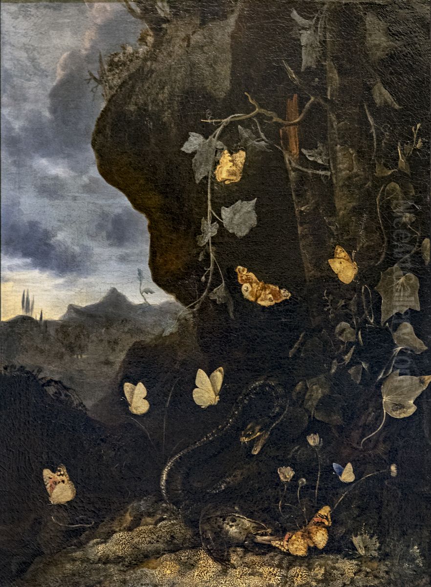 Snakes, toads and butterfliesFrancais:Serpents, crapauds et papillonsItaliano:Serpenti, rospi e farfalle Oil Painting by Otto Marseus van Schrieck