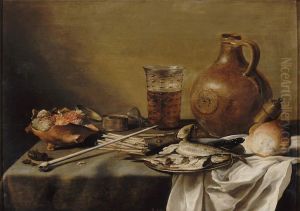 Still life with smoking equipment, herrings, a beer glass and a stone jug