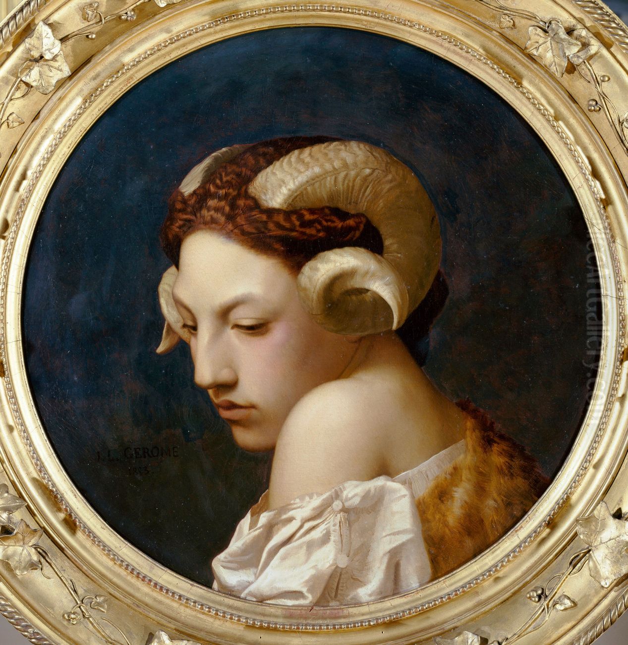 Tete de femme coiffee de cornes de belier Oil Painting by Jean-Leon Gerome