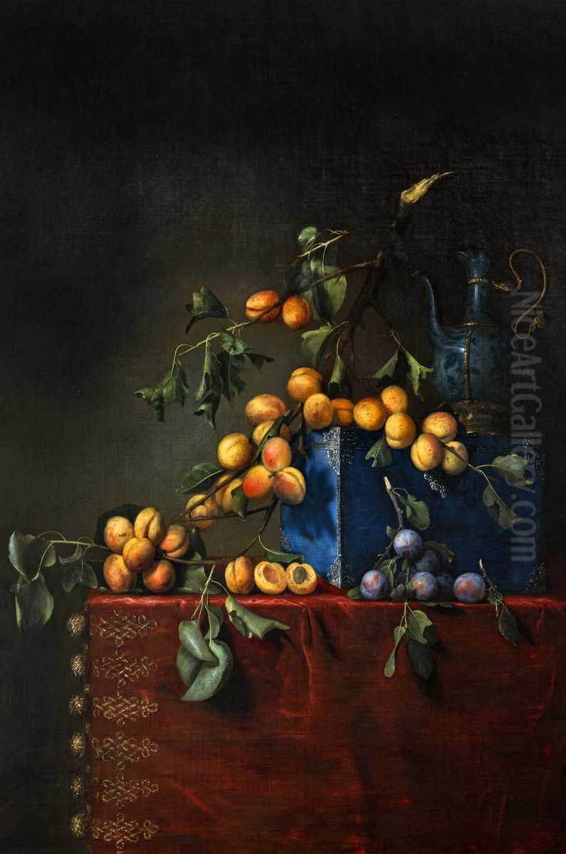 Still life with apricot and plum branchesFrancais:Nature mort aux branches d'abricots et de prunesItaliano:Natura morta con rami di albicocca e prugna Oil Painting by Pierre Dupuis