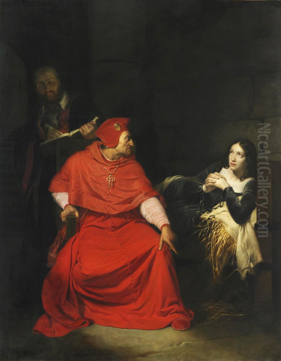 Joan of Arc is interrogated by The Cardinal of Winchester in her prison. Oil Painting by Paul Delaroche