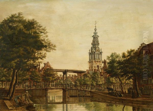 De Zuiderkerkstoren gezien van de Houtgracht-De Zuiderkerk-The Zuiderkerk Oil Painting by Jan De Beijer