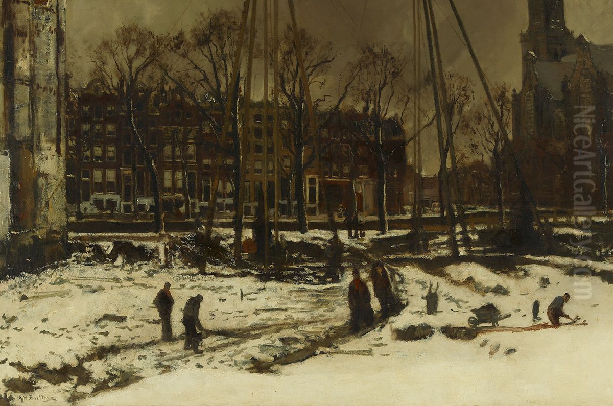 Doorbraak van de Raadhuisstraat in de winter-Laying of the Raadhuisstraat Oil Painting by George Hendrik Breitner